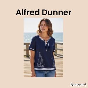 Alfred Dunner Navy & White Sailboat Lace-Up Top Size 2X